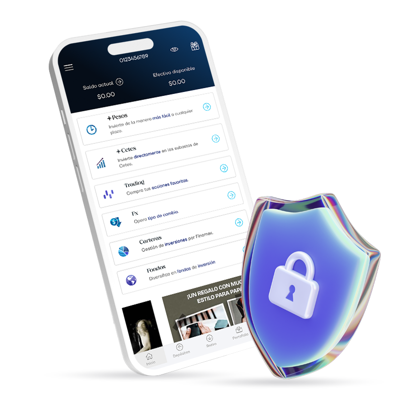 Dispositivo móvil con dashboard de finamex en línea y escudo